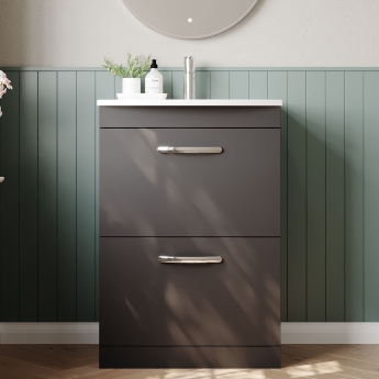 Nuie Athena Floor Standing 2-Drawer Vanity Unit with Basin-4 600mm Wide - Gloss Grey | Product Image