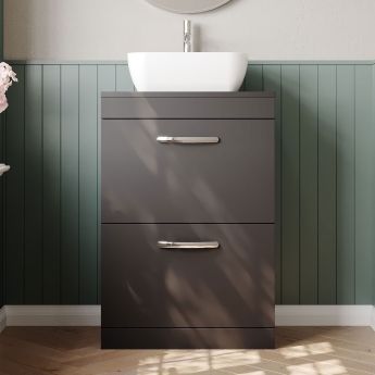 Nuie Athena Floor Standing 2-Drawer Vanity Unit and Worktop 600mm Wide - Gloss Grey | Product Image