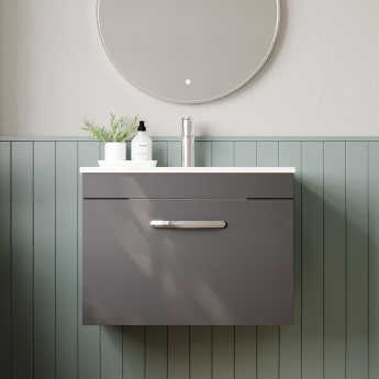 Nuie Athena Wall Hung 1-Drawer Vanity Unit with Basin-2 600mm Wide - Gloss Grey | Product Image