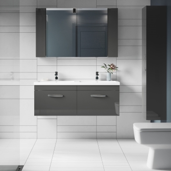 Nuie Athena Wall Hung 2-Drawer Vanity Unit with Double Basin 1200mm Wide - Gloss Grey