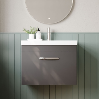 Nuie Athena Wall Hung 1-Drawer Vanity Unit with Basin-3 600mm Wide - Gloss Grey | Product Image