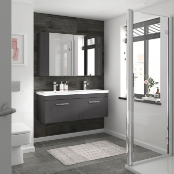 Nuie Athena Wall Hung 2-Drawer Vanity Unit with Double Basin 1200mm Wide - Gloss Grey