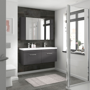 Nuie Athena Wall Hung 2-Drawer Vanity Unit with Double Ceramic Basin 1200mm Wide - Gloss Grey | Product Image