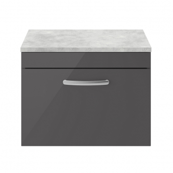 Nuie Athena Wall Hung 1-Drawer Vanity Unit with Grey Worktop 600mm Wide - Gloss Grey