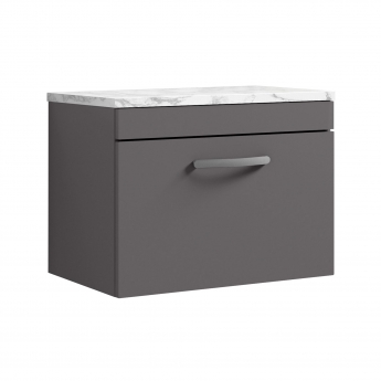 Nuie Athena Wall Hung 1-Drawer Vanity Unit with Carrera Marble Worktop 600mm Wide - Gloss Grey | Product Image