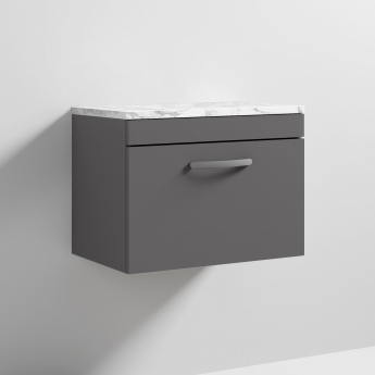 Nuie Athena Wall Hung 1-Drawer Vanity Unit with Carrera Marble Worktop 600mm Wide - Gloss Grey | Product Image