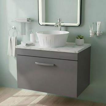 Nuie Athena Wall Hung 1-Drawer Vanity Unit with Carrera Marble Worktop 600mm Wide - Gloss Grey | Product Image