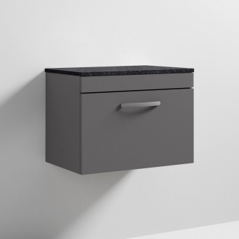 Nuie Athena Wall Hung 1-Drawer Vanity Unit with Sparkling Black Worktop 600mm Wide - Gloss Grey