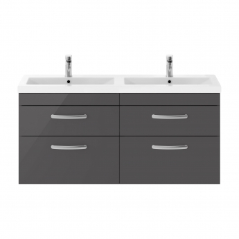 Nuie Athena Wall Hung 4-Drawer Vanity Unit with Double Ceramic Basin 1200mm Wide - Gloss Grey