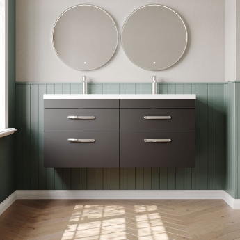 Nuie Athena Wall Hung 4-Drawer Vanity Unit with Double Ceramic Basin 1200mm Wide - Gloss Grey | Product Image