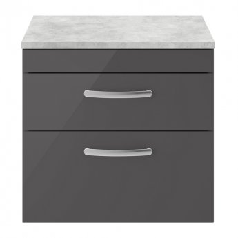 Nuie Athena Wall Hung 2-Drawer Vanity Unit with Grey Worktop 600mm Wide - Gloss Grey | Product Image