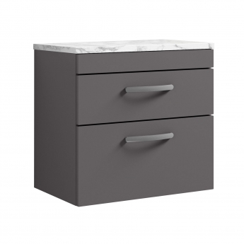 Nuie Athena Wall Hung 2-Drawer Vanity Unit with Carrera Marble Worktop 600mm Wide - Gloss Grey | Product Image