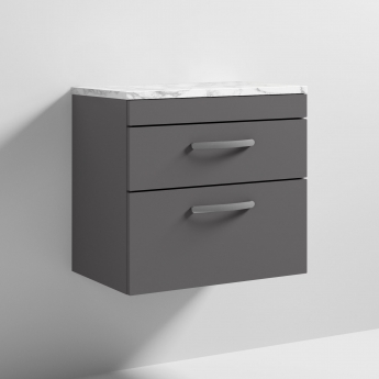 Nuie Athena Wall Hung 2-Drawer Vanity Unit with Carrera Marble Worktop 600mm Wide - Gloss Grey | Product Image