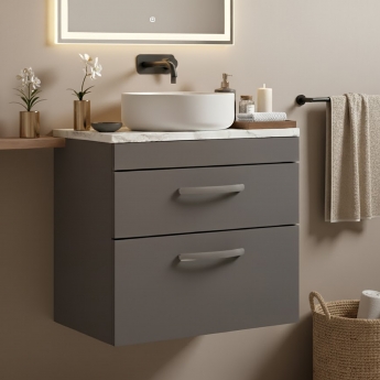 Nuie Athena Wall Hung 2-Drawer Vanity Unit with Carrera Marble Worktop 600mm Wide - Gloss Grey | Product Image