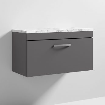 Nuie Athena Wall Hung 1-Drawer Vanity Unit with Carrera Marble Worktop 800mm Wide - Gloss Grey | Product Image