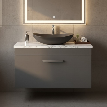 Nuie Athena Wall Hung 1-Drawer Vanity Unit with Carrera Marble Worktop 800mm Wide - Gloss Grey | Product Image