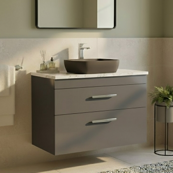 Nuie Athena Wall Hung 2-Drawer Vanity Unit with Carrera Marble Worktop 800mm Wide - Gloss Grey | Product Image