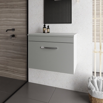 Nuie Athena Wall Hung 1-Drawer Vanity Unit and Worktop 600mm Wide - Gloss Grey Mist