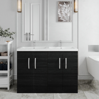 Nuie Athena Floor Standing 4-Door Vanity Unit with Double Basin 1200mm Wide - Charcoal Black Woodgrain
