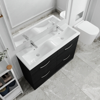 Nuie Athena Floor Standing 4-Drawer Vanity Unit with Double Ceramic Basin 1200mm Wide - Gloss Grey