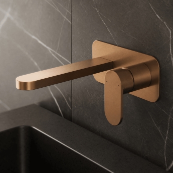 Nuie Binsey 2-Hole Wall Mounted Basin Mixer Tap with Plate - Brushed Bronze | Product Image