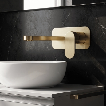 Nuie Binsey 2-Hole Wall Mounted Basin Mixer Tap with Plate - Brushed Brass | Product Image