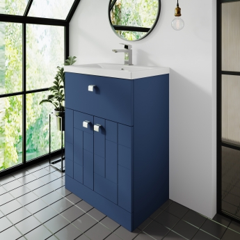 Nuie Blocks Floor Standing 2-Door and 1-Drawer Vanity Unit with Basin-2 600mm Wide - Satin Blue