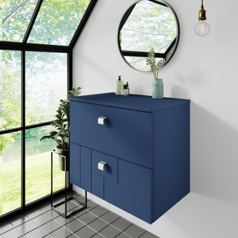Nuie Blocks Wall Hung 2-Drawer Vanity Unit with Worktop 600mm Wide - Satin Blue