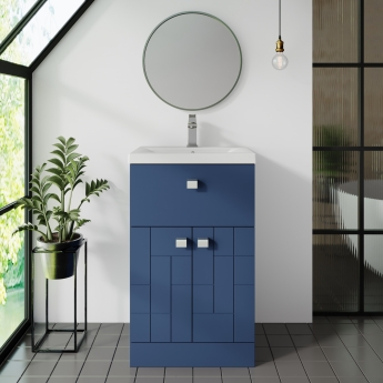 Nuie Blocks Floor Standing 2-Door and 1-Drawer Vanity Unit with Basin-2 500mm Wide - Satin Blue