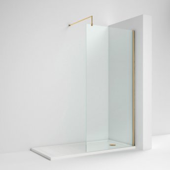 Nuie Wet Room Screen 1850mm High x 760mm Wide with Support Bar 8mm Glass - Brushed Brass