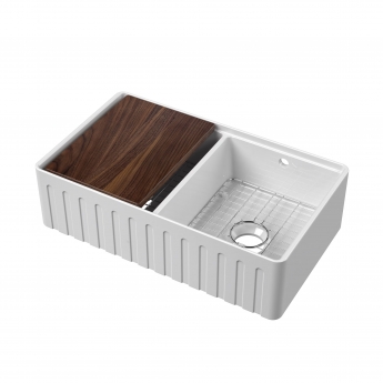 Nuie Butler Fluted Kitchen Sink 2.0 Bowl with Ledge, Chopping Board and Grid 795mm L x 460mm W - White | Product Image