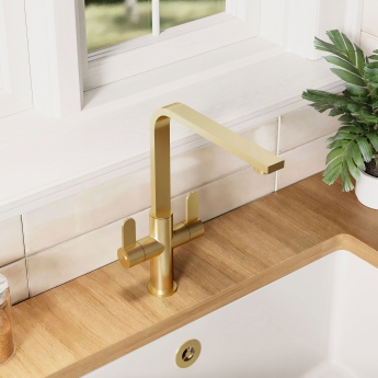 Nuie Churni Mono Kitchen Sink Mixer Tap Dual Lever Handle - Brushed Brass | Product Image