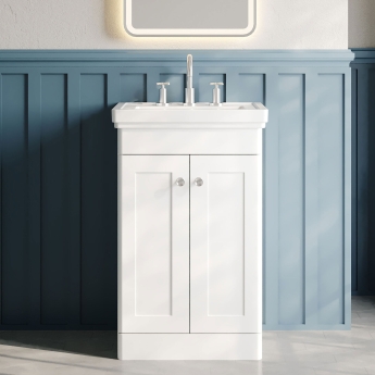Nuie Classique Floor Standing 2-Door Vanity Unit with Basin 500mm Wide Satin White - 3 Tap Hole | Product Image