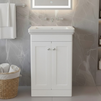 Nuie Classique Floor Standing 2-Door Vanity Unit with Basin 500mm Wide Satin White - 0 Tap Hole
