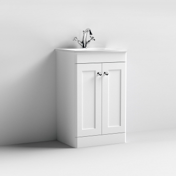Nuie Classique Floor Standing 2-Door Vanity Unit with Curved Basin 500mm Wide - Satin White | Product Image