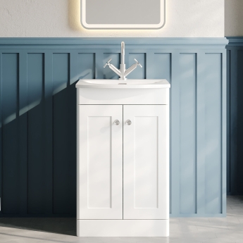 Nuie Classique Floor Standing 2-Door Vanity Unit with Curved Basin 500mm Wide - Satin White | Product Image