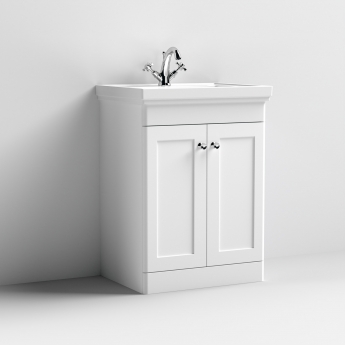 Nuie Classique Floor Standing 2-Door Vanity Unit with Basin 600mm Wide Satin White - 1 Tap Hole