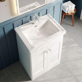 Nuie Classique Floor Standing 2-Door Vanity Unit with Basin 600mm Wide Satin White - 1 Tap Hole | Product Image