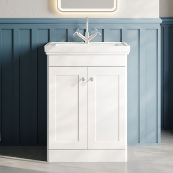 Nuie Classique Floor Standing 2-Door Vanity Unit with Basin 600mm Wide Satin White - 1 Tap Hole | Product Image