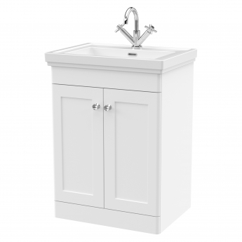Nuie Classique Floor Standing 2-Door Vanity Unit with Basin 600mm Wide Satin White - 1 Tap Hole
