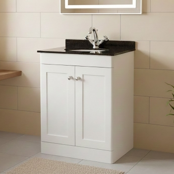 Nuie Classique Floor Standing 2-Door Vanity Unit with 1TH Black Marble Top Basin 600mm Wide - Satin White