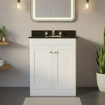 Nuie Classique Floor Standing 2-Door Vanity Unit with 3TH Black Marble Top Basin 600mm Wide - Satin White