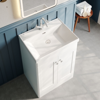Nuie Classique Floor Standing 2-Door Vanity Unit with 1TH Thin-Edge Basin 600mm Wide - Satin White | Product Image