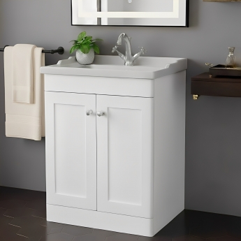 Nuie Classique Floor Standing 2-Door Vanity Unit with Traditional Basin 600mm Wide Satin White - 1 Tap Hole