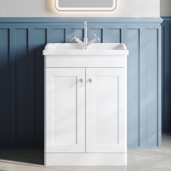 Nuie Classique Floor Standing 2-Door Vanity Unit with Traditional Basin 600mm Wide Satin White - 1 Tap Hole | Product Image