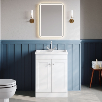 Nuie Classique Floor Standing 2-Door Vanity Unit with Traditional Basin 600mm Wide Satin White - 1 Tap Hole | Product Image