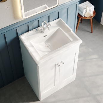 Nuie Classique Floor Standing 2-Door Vanity Unit with Traditional Basin 600mm Wide Satin White - 1 Tap Hole | Product Image