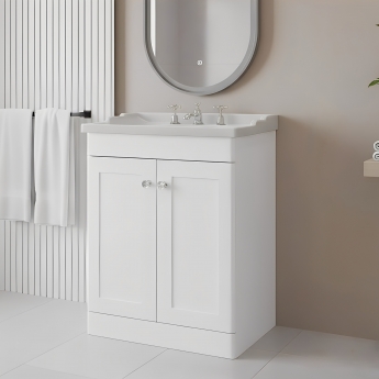 Nuie Classique Floor Standing 2-Door Vanity Unit with Traditional Basin 600mm Wide Satin White - 3 Tap Hole