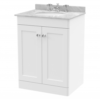 Nuie Classique Floor Standing 2-Door Vanity Unit with 3TH Grey Marble Top Basin 600mm Wide - Satin White
