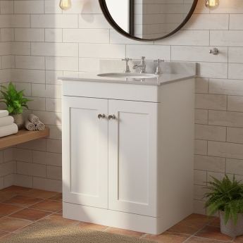 Nuie Classique Floor Standing 2-Door Vanity Unit with 3TH Grey Marble Top Basin 600mm Wide - Satin White